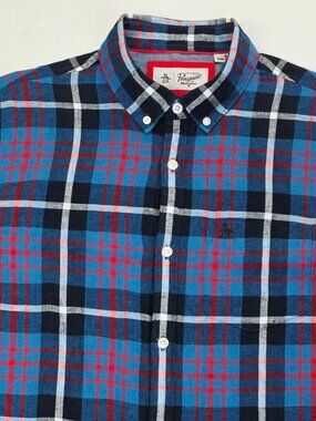 Penguin Linen Cotton Blend Blue Red Navy White Plaid Men Size Medium Button Down